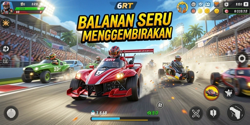 Screenshot gameplay 6RT yang menunjukkan balapan mendebarkan.