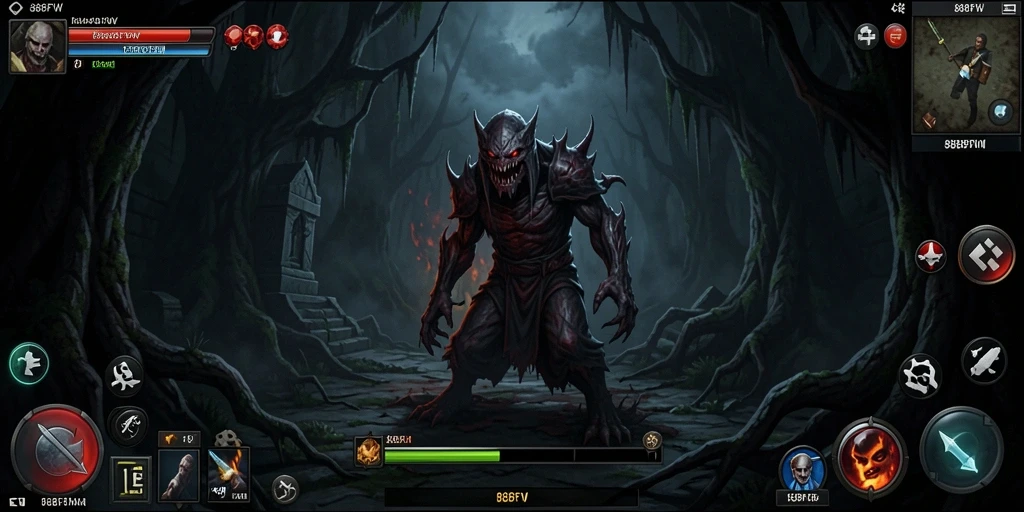 Screenshot gameplay 888FW yang menampilkan suasana horor yang mencekam.