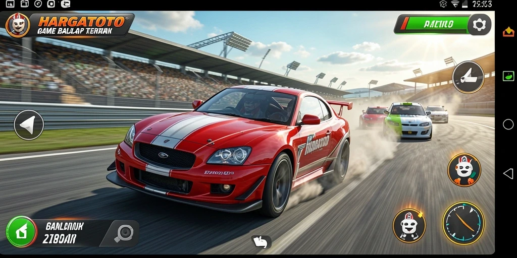 Gameplay mendebarkan dalam HARGATOTO dengan mobil balap yang cepat.