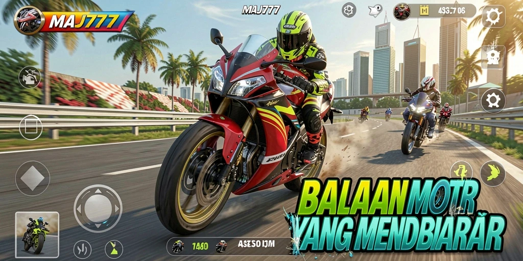 Screenshot gameplay <strong>MAJ777</strong> menampilkan balapan motor yang mendebarkan.