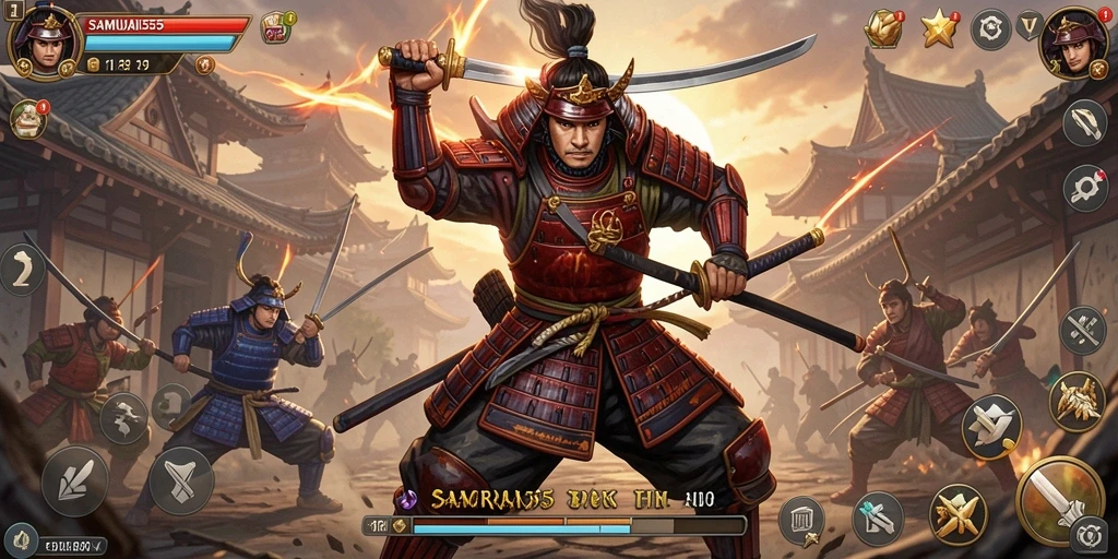 Tangkapan layar utama SAMURAI555 menampilkan aksi bertarung epik samurai.